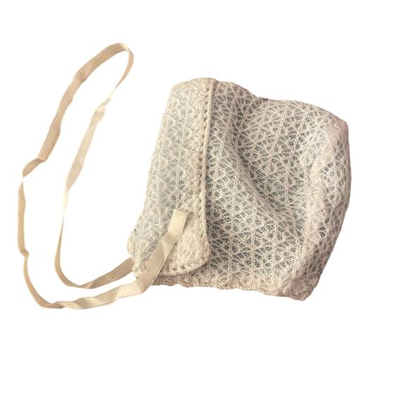 Vintage Other - Knit Baby Bonnet With Ribbon Made in Great Britain Vintage Cottagecore Blue